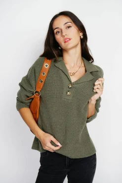 Pull large en Cachemire mélangé col polo kaki