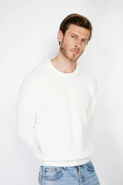 Pull large en Cachemire mélangé ras du cou à côtes naturel