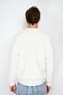 Pull large en Cachemire mélangé ras du cou à côtes naturel