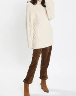 Pull long en Laine mélangée torsades écru