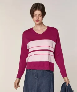 Pull Mafalda 100% Laine col V rayures violet cassis