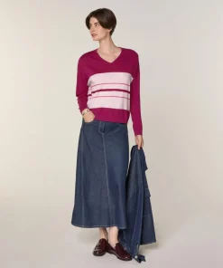 Pull Mafalda 100% Laine col V rayures violet cassis