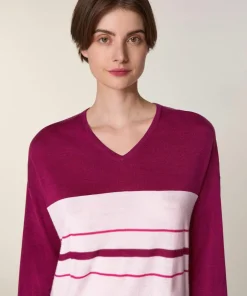 Pull Mafalda 100% Laine col V rayures violet cassis