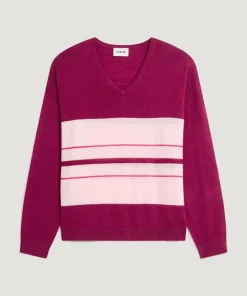 Pull Mafalda 100% Laine col V rayures violet cassis