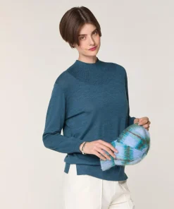 Pull Marie-Angèle 100% laine col montant Cotelé bleu denim
