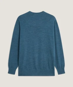 Pull Marie-Angèle 100% laine col montant Cotelé bleu denim
