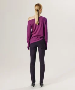 Pull Mauricette 100% laine épaule nue asymétrique rose fuchsia