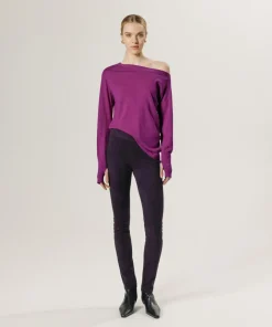 Pull Mauricette 100% laine épaule nue asymétrique rose fuchsia