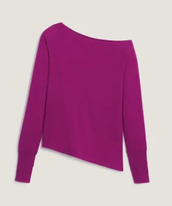 Pull Mauricette 100% laine épaule nue asymétrique rose fuchsia