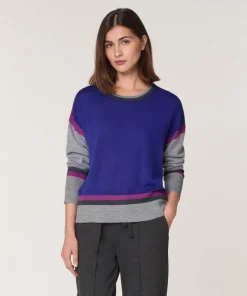 Pull Nattie 100% laine col rond géométrique bleu outremer