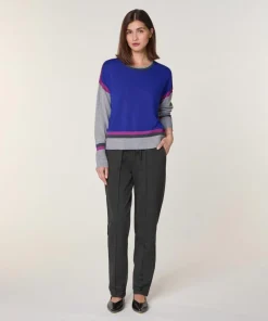 Pull Nattie 100% laine col rond géométrique bleu outremer