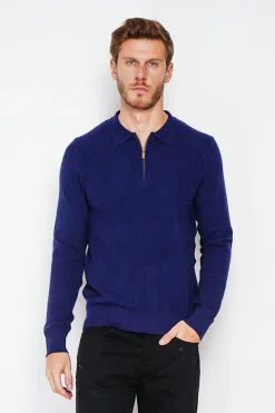 Pull polo demi zippé bleu nuit