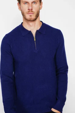 Pull polo demi zippé bleu nuit