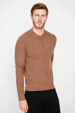 Pull polo demi zippé marron