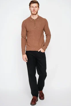 Pull polo demi zippé marron