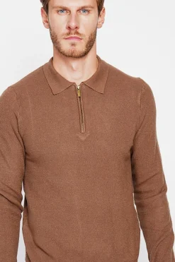 Pull polo demi zippé marron
