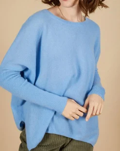 Pull poncho 100% Cachemire Alizée col rond bleu topaze