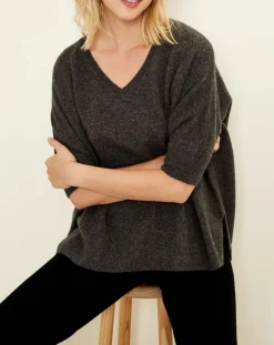 Pull poncho 100% Cachemire col V Sevilla gris chiné foncé