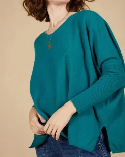 Pull poncho 100% Cachemire Emma col V bleu paon
