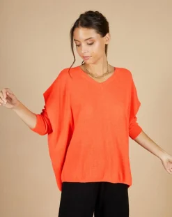 Pull poncho 100% Cachemire Emma col V corail fluo
