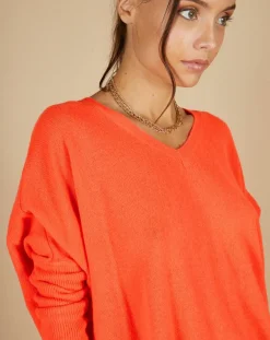Pull poncho 100% Cachemire Emma col V corail fluo
