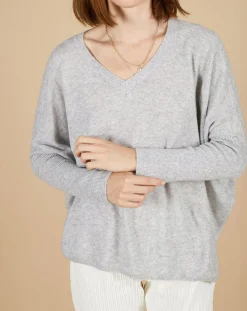 Pull poncho 100% Cachemire Emma col V gris chiné clair