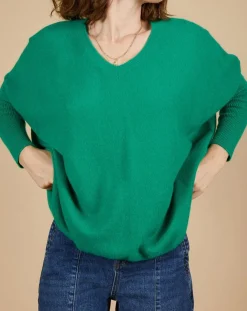 Pull poncho 100% Cachemire Emma col V vert impérial