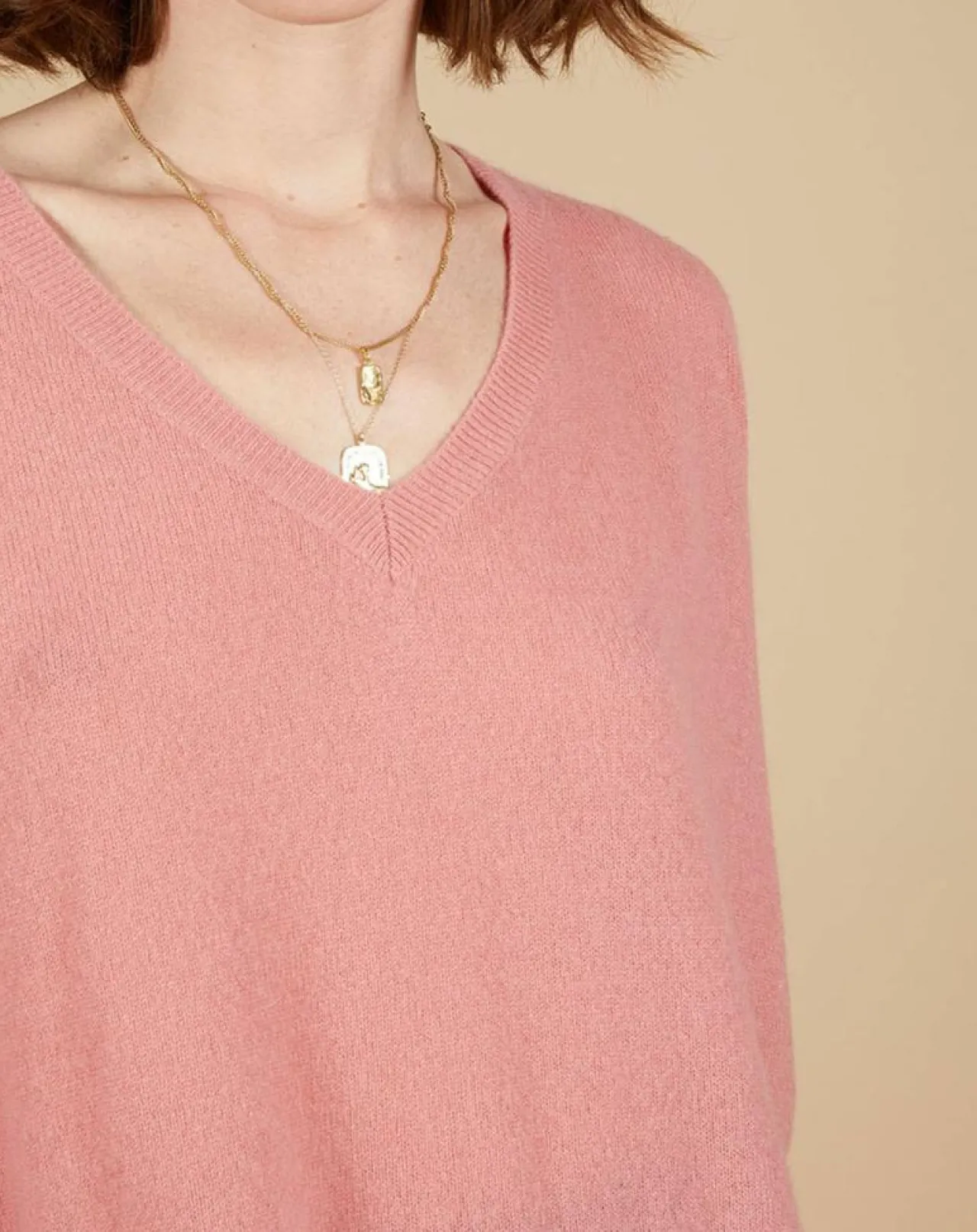 Pull poncho 100% Cachemire Emma col V bois de rose