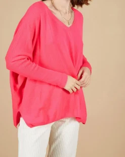 Pull poncho 100% Cachemire Emma col V rose fluo