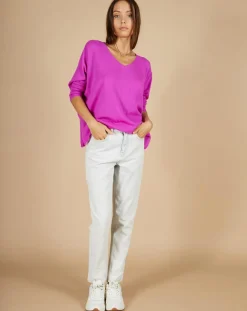 Pull poncho 100% Cachemire Emma col V violet fluo