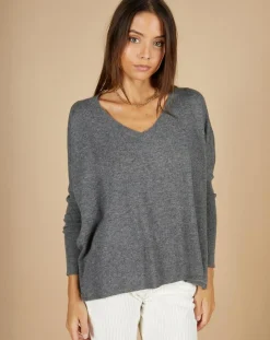 Pull poncho 100% Cachemire Emma col V gris chiné foncé