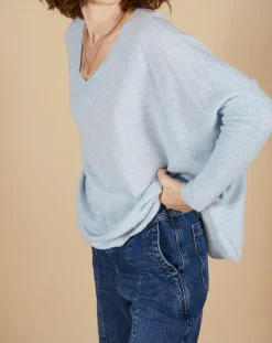 Pull poncho 100% Cachemire Emma col V ciel