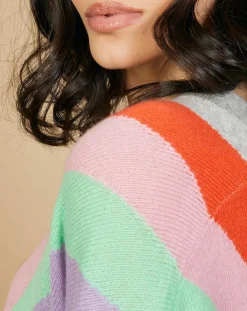 Pull poncho 100% Cachemire Intarsia Soleil col V gris chiné clair