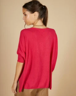 Pull poncho 100% Cachemire Kelly col V manches courtes fuschia
