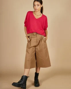 Pull poncho 100% Cachemire Kelly col V manches courtes fuschia