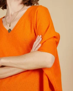 Pull poncho 100% Cachemire Kelly col V manches courtes mangue