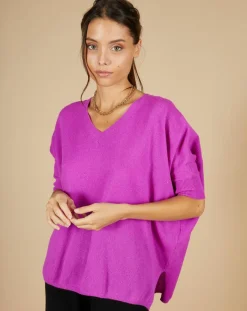 Pull poncho 100% Cachemire Kelly col V manches courtes violet fluo