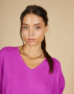 Pull poncho 100% Cachemire Kelly col V manches courtes violet fluo