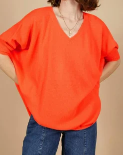 Pull poncho 100% Cachemire Kelly col V manches courtes corail fluo
