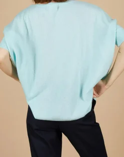 Pull poncho 100% Cachemire Kelly col V manches courtes bleu océan