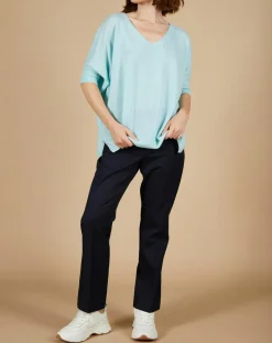 Pull poncho 100% Cachemire Kelly col V manches courtes bleu océan