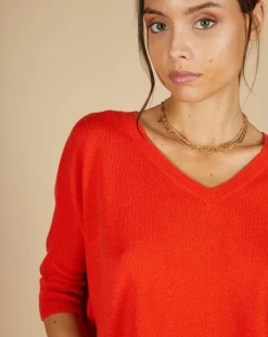 Pull poncho 100% Cachemire Kelly col V manches courtes orange