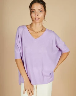 Pull poncho 100% Cachemire Kelly col V manches courtes lavande