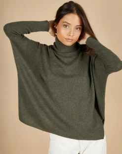 Pull poncho 100% Cachemire Lola col roulé kaki grisé