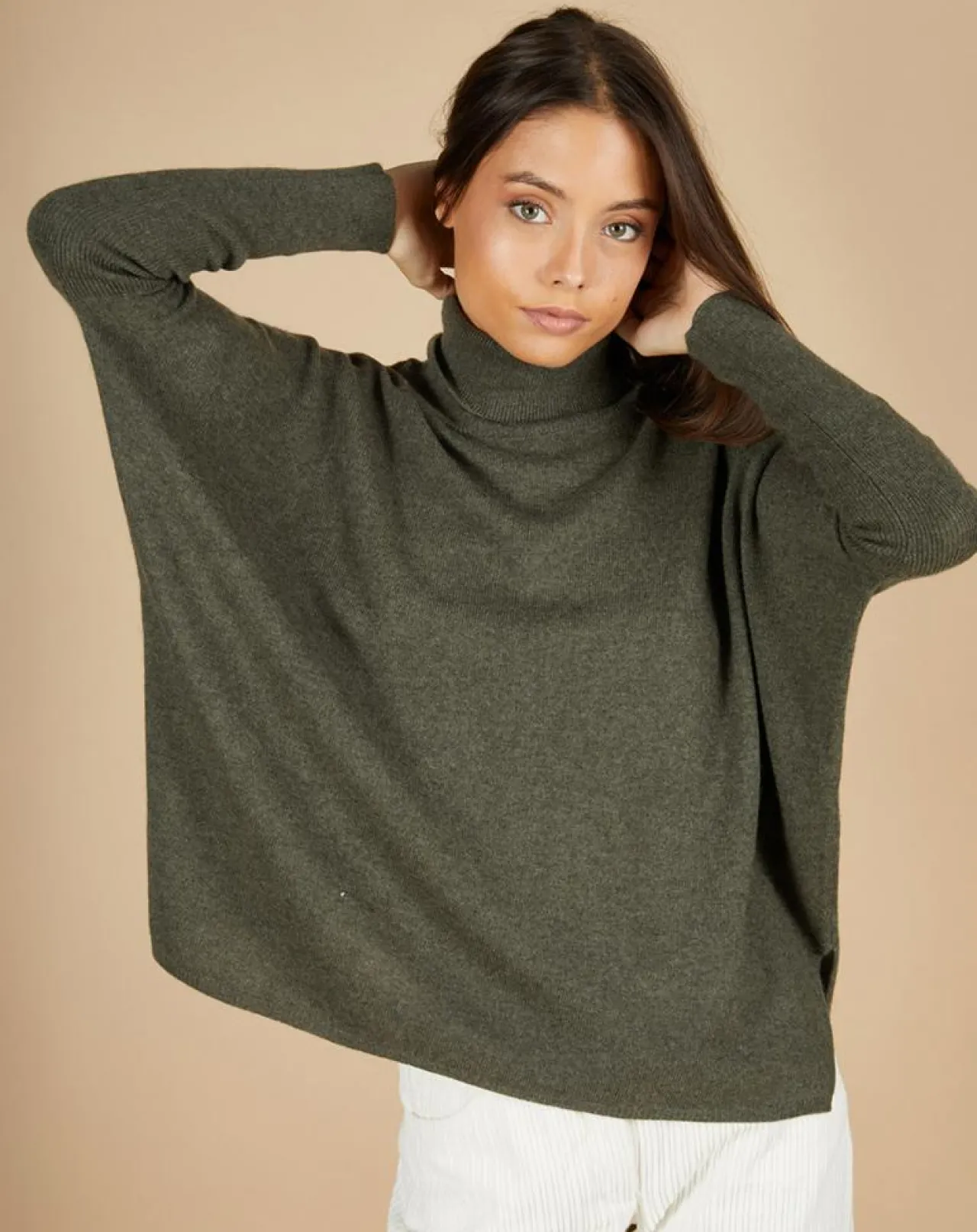 Pull poncho 100% Cachemire Lola col roulé kaki grisé