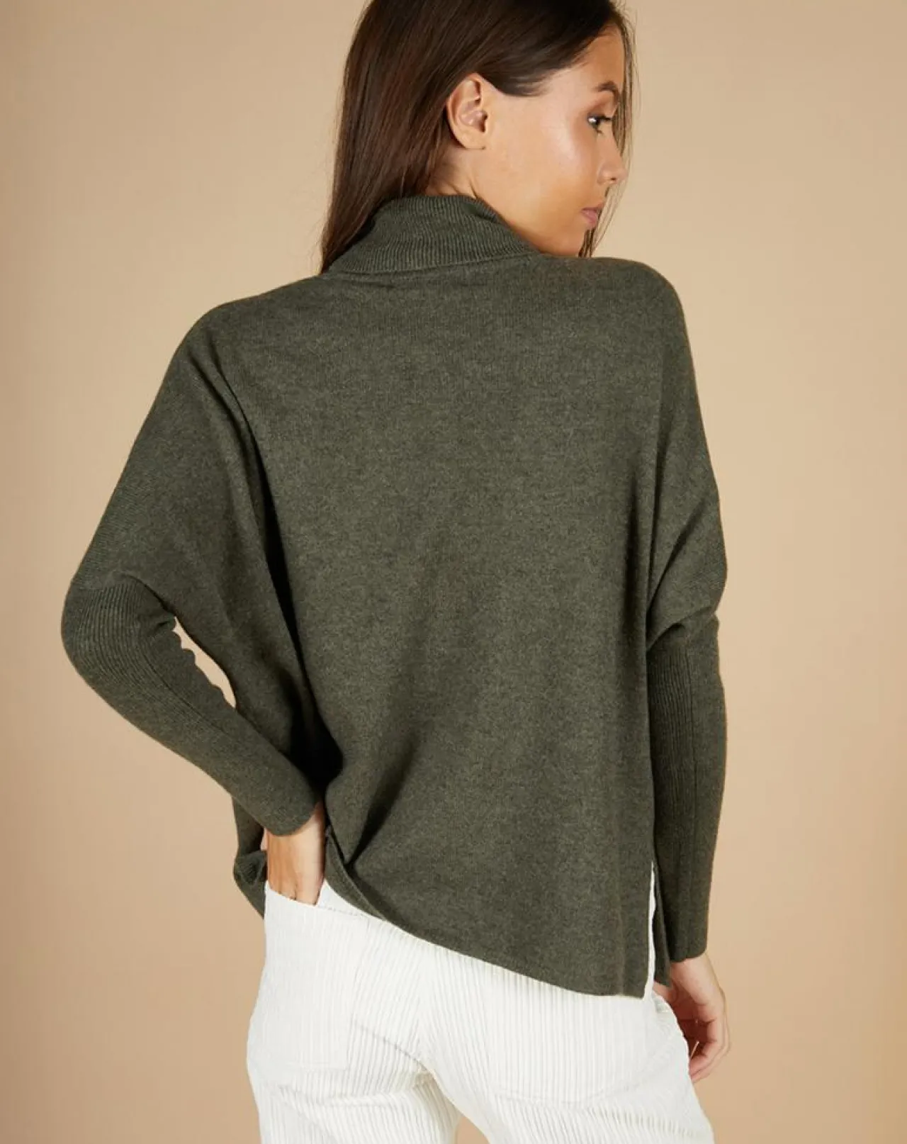 Pull poncho 100% Cachemire Lola col roulé kaki grisé