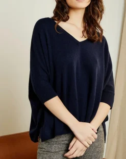 Pull poncho 100% Cachemire Marilyn Col V bleu profond