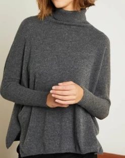Pull poncho 100% Cachemire Olivia Col roulé gris chiné foncé