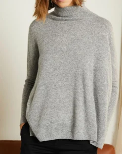 Pull poncho 100% Cachemire Olivia Col roulé gris chiné clair