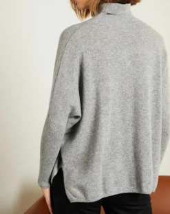 Pull poncho 100% Cachemire Olivia Col roulé gris chiné clair